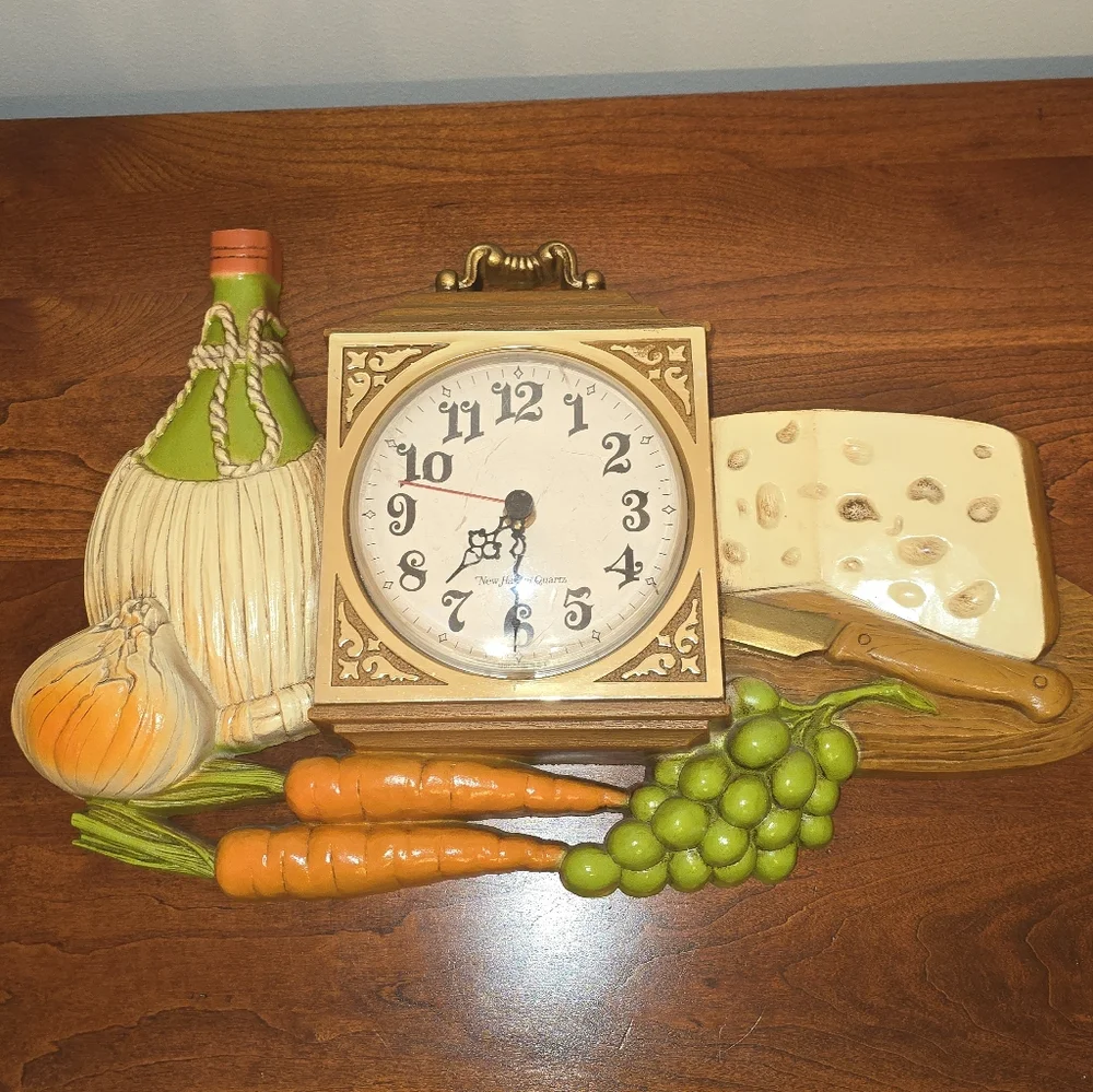 Vintage Style 1970s Burwood Clock with Vegetables and Cheese Decor